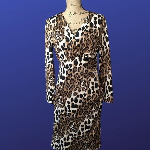 AVITAL LONG SLEEVE Empire Ruched Dress Brown/Black LEOPARD print, Size Large - Picture 1 of 8